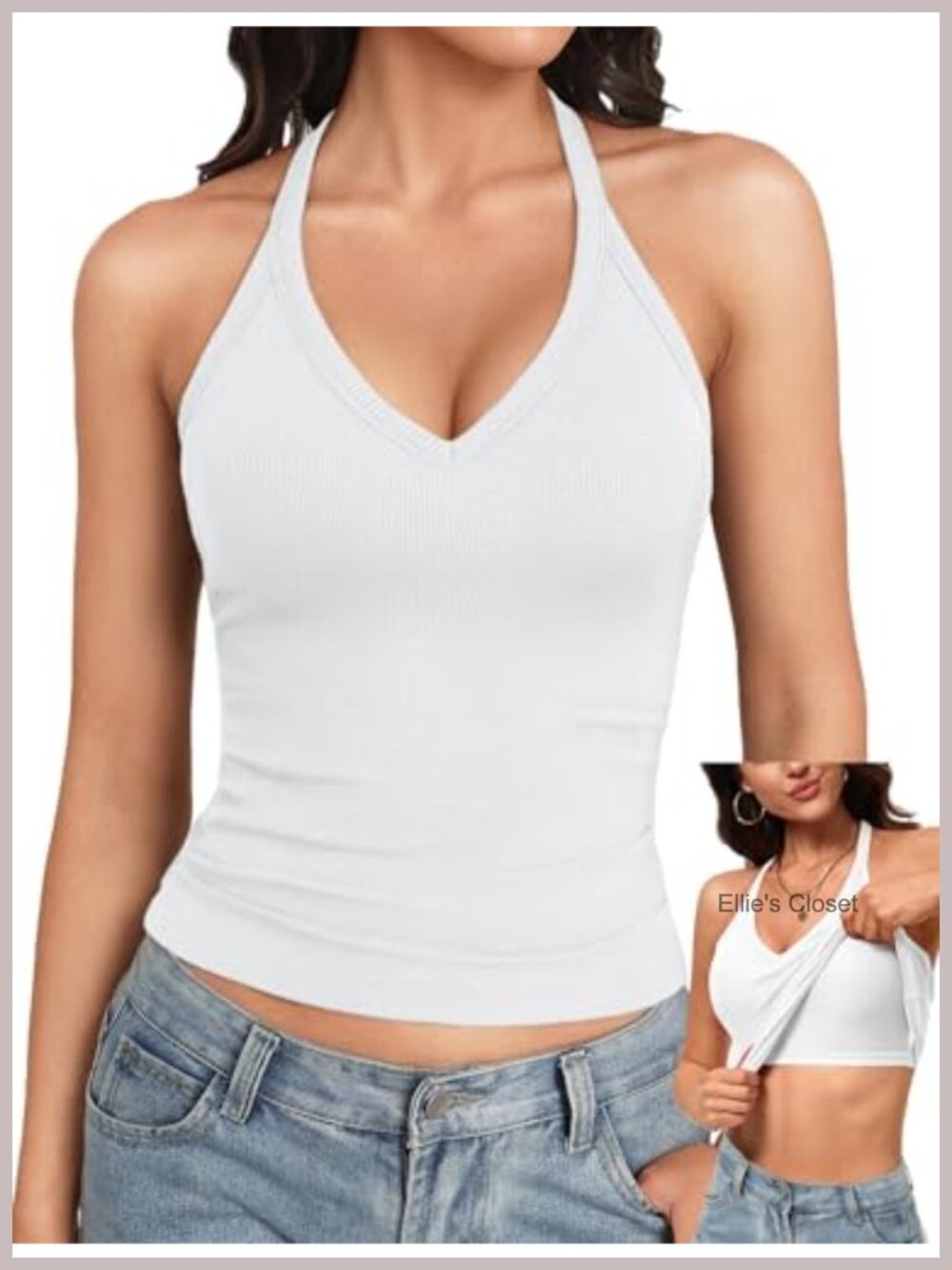 Women's V-Neck Tank with Built-In Bra Racerback Fitted Cami